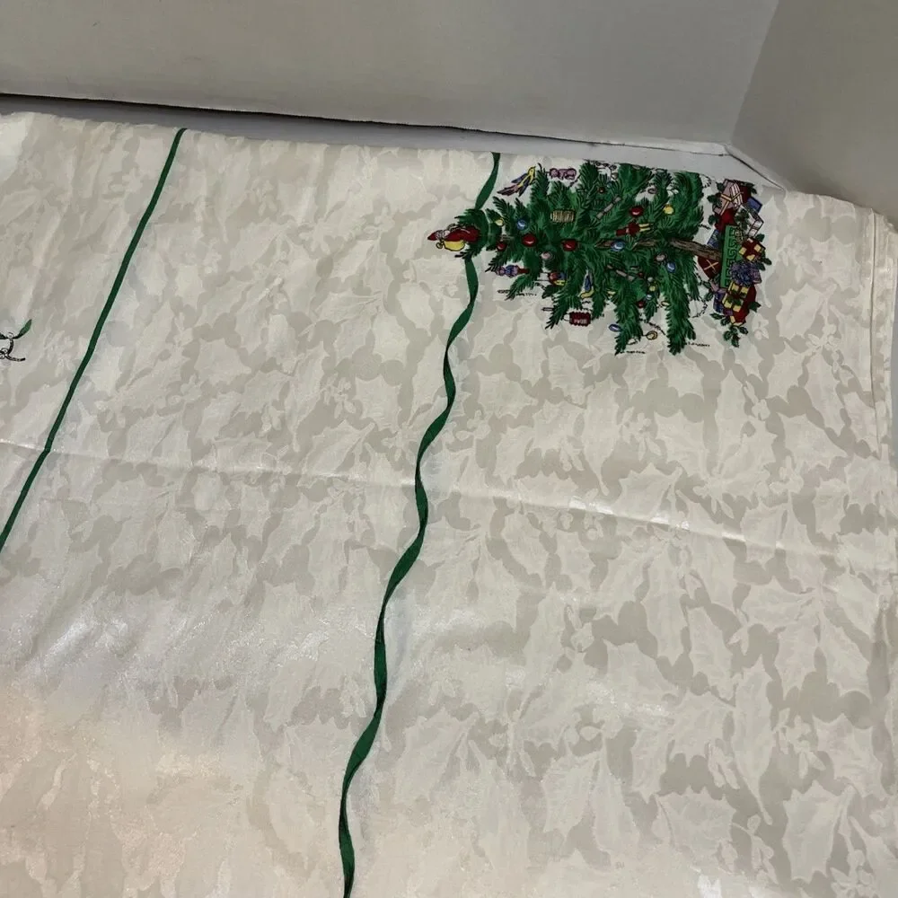 Vintage Spode Christmas Tablecloth Cloth 96”x 60” Rectangle Christmas Tree Santa